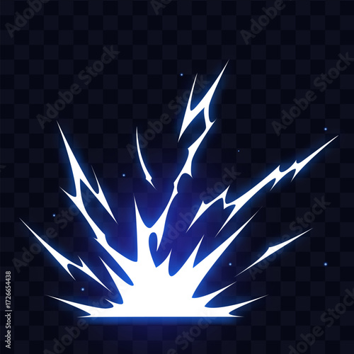 Manga thunder effect presents comic power as energy manga spark erupts with jagged beams. Manga thunder flash forms explosive glowing strike expanding outward isolated on transparent bg.