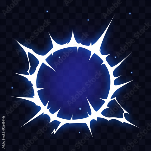 Manga thunder effect builds comic power when energy manga ring glows in spark flash. Manga thunder circle strike forms radiant jagged edges isolated on transparent bg.