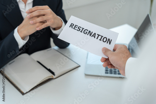 Stressful business men will resign from the company. Working male pass on document resign of manager. resignation, job placement and vacancies concept, career problem, problem life