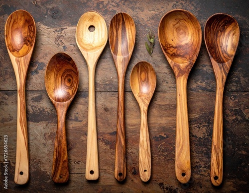 Collection of Wooden Spoons on Rustic Background