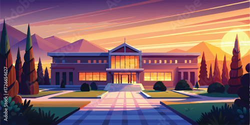 Sunset view of a large school building