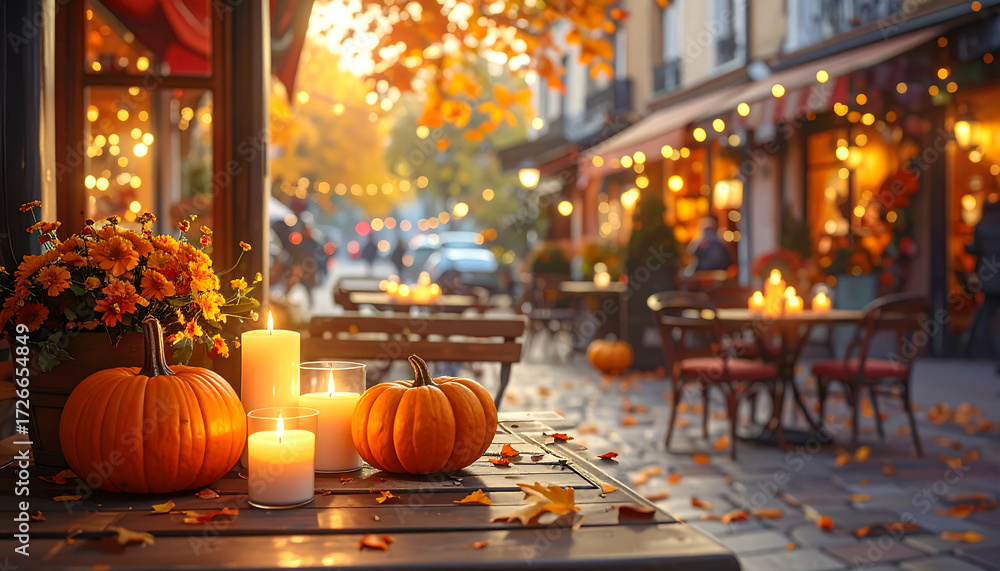 Obraz premium Autumn Cafe Scene with Pumpkins.