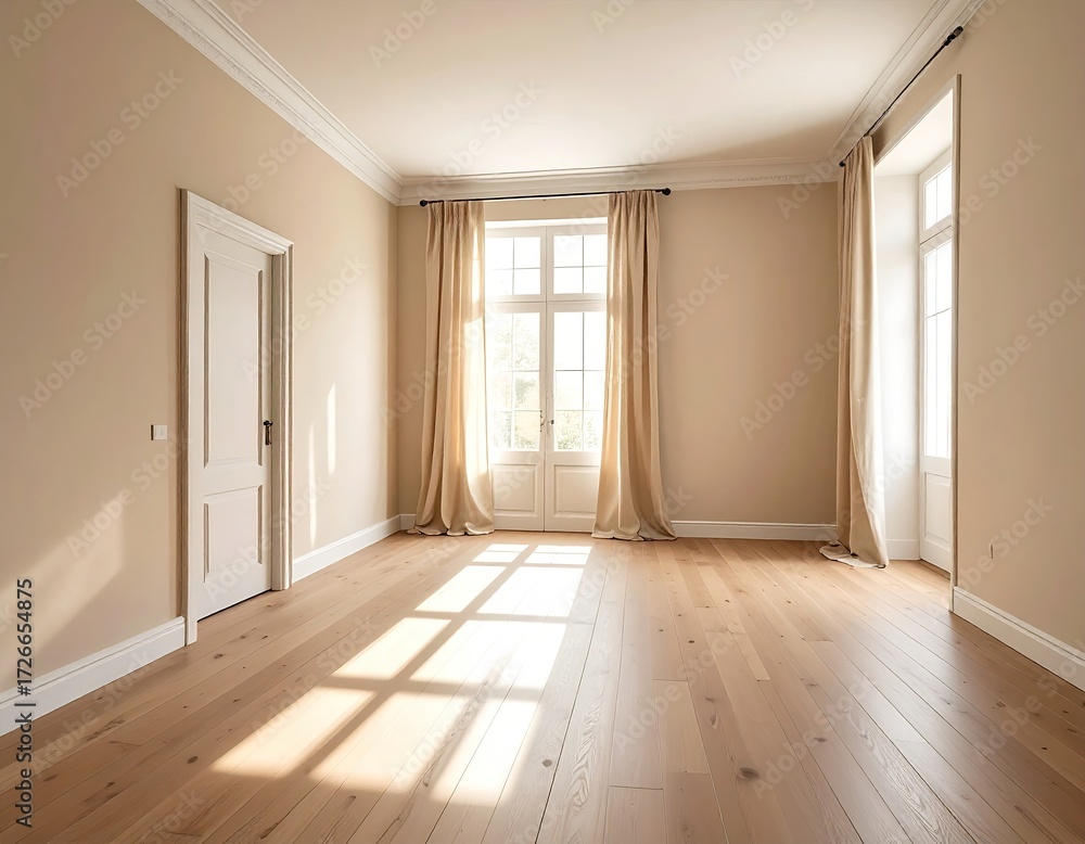 Obraz premium Empty beige room with large windows and wooden floor