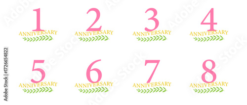 ピンクの周年記念デザインセット（1周年, 2周年, 3周年, 4周年, 5周年, 6周年, 7周年, 8周年）