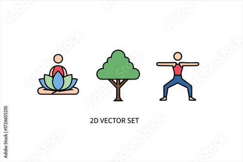 A 2D vector set featuring a person meditating on a lotus flower, a stylized tree, and a person in a yoga pose.