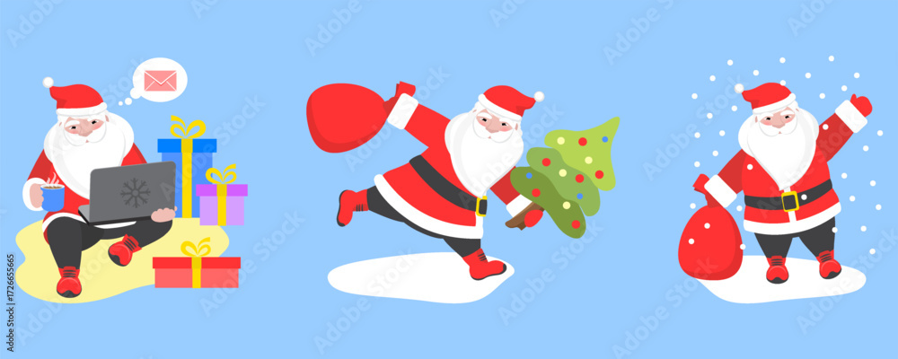 Fototapeta premium Set of cartoon vector illustrations of Santa Claus. Happy Santa with gift, bag with presents and a laptop. Funny and cute character