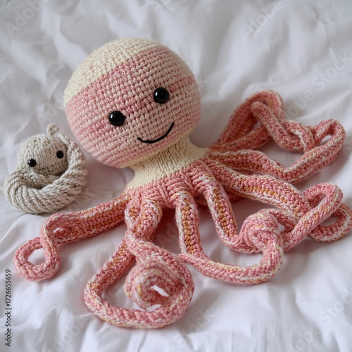 Colorful Handmade Knitted Octopus Plush Toy Made of Yarn Placed on Baby Bed Nursery Decoration