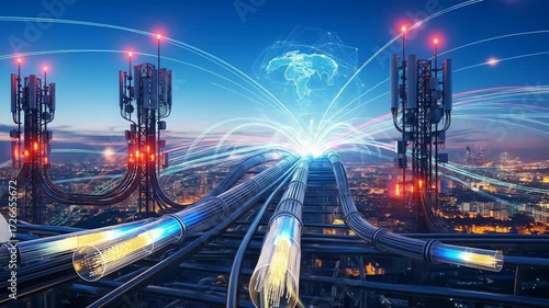 Digital global communication network with towers and fiber optics