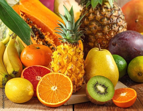 Colorful Assortment of Fresh Tropical Fruits on Wooden Surface