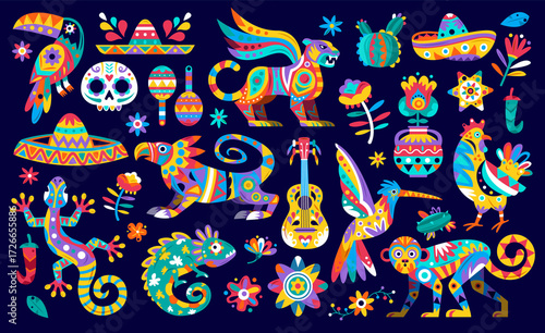 Colorful Mexican Festival Elements with Traditional Alebrije Motifs Original Set