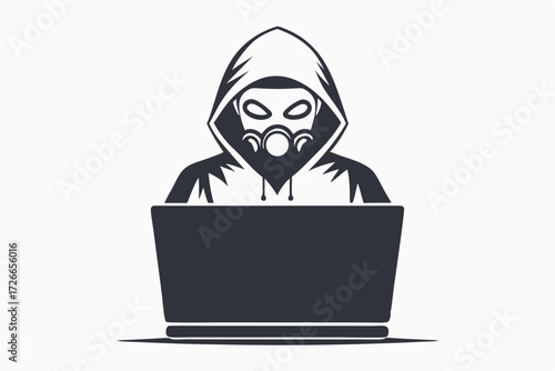 Silhouette figure in a hood and mask uses a laptop in monochrome style