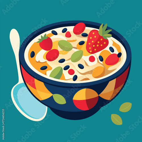Bowl of colorful breakfast cereal with fruit and berries