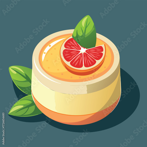 A round. citrus themed dessert with a grapefruit slice and basil leaves on top