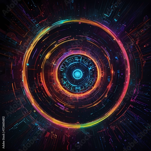 Within the confines of a luminous, ever-shifting algorithm, a cryptic ultra-modern magic spell pulsates with data streams and electric currents. The central focus of the image is a swirling vortex 