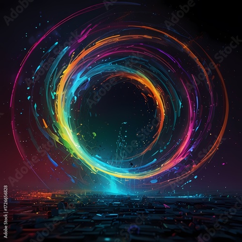 Within the confines of a luminous, ever-shifting algorithm, a cryptic ultra-modern magic spell pulsates with data streams and electric currents. The central focus of the image is a swirling vortex 