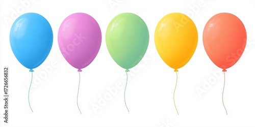 Colorful flat vector illustration of five cute balloons in different bright colors spaced apart on a clean white background