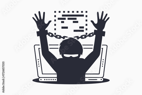Silhouette figure stands behind laptop with raised hands, chained and blocked with code