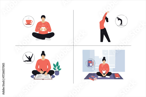 Four illustrations showing a woman meditating, stretching, journaling, and drinking tea, promoting wellness and healthy lifestyle.