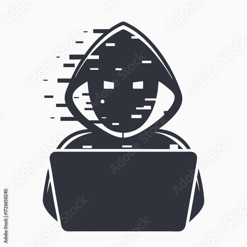 Silhouette of an incognito person wearing a hood sits focused on a laptop