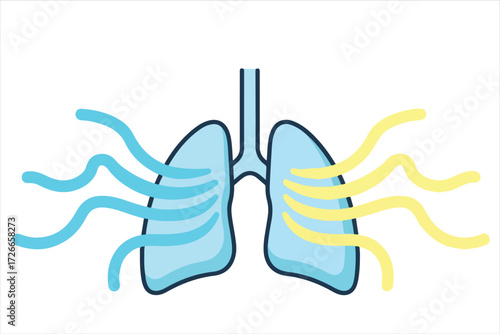 Illustration of human lungs depicting the process of breathing, with air flowing in and out.
