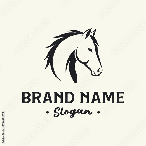 A classic black and white logo featuring a stylized horse head with a flowing mane, positioned above placeholder text for a brand name and slogan.