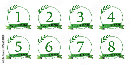 グリーンのリースの周年記念デザイン（1周年, 2周年, 3周年, 4周年, 5周年, 6周年, 7周年, 8周年）