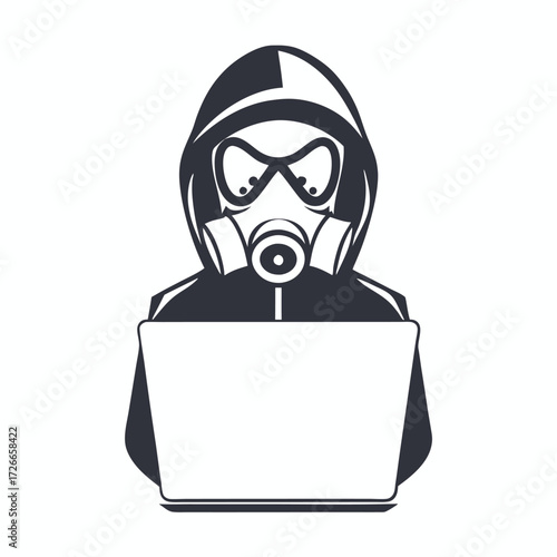 Silhouette person wearing gas mask and hood operates laptop on a white background