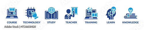 Online education vector illustration concept banner with icons and keywords