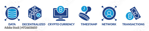 Block chain banner crypto currency concept vector illustration with icons