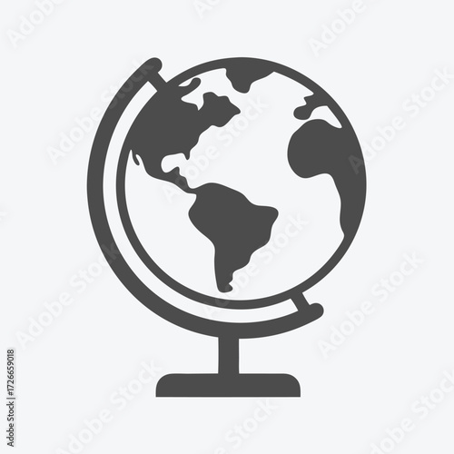 Simple black and white globe model on a stand shows continents clearly