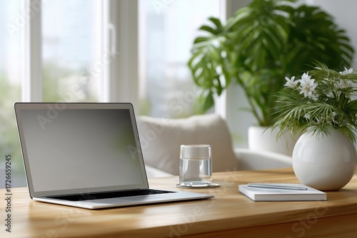 Wallpaper Mural Modern home office interior with laptop and green plants on wooden desk Torontodigital.ca