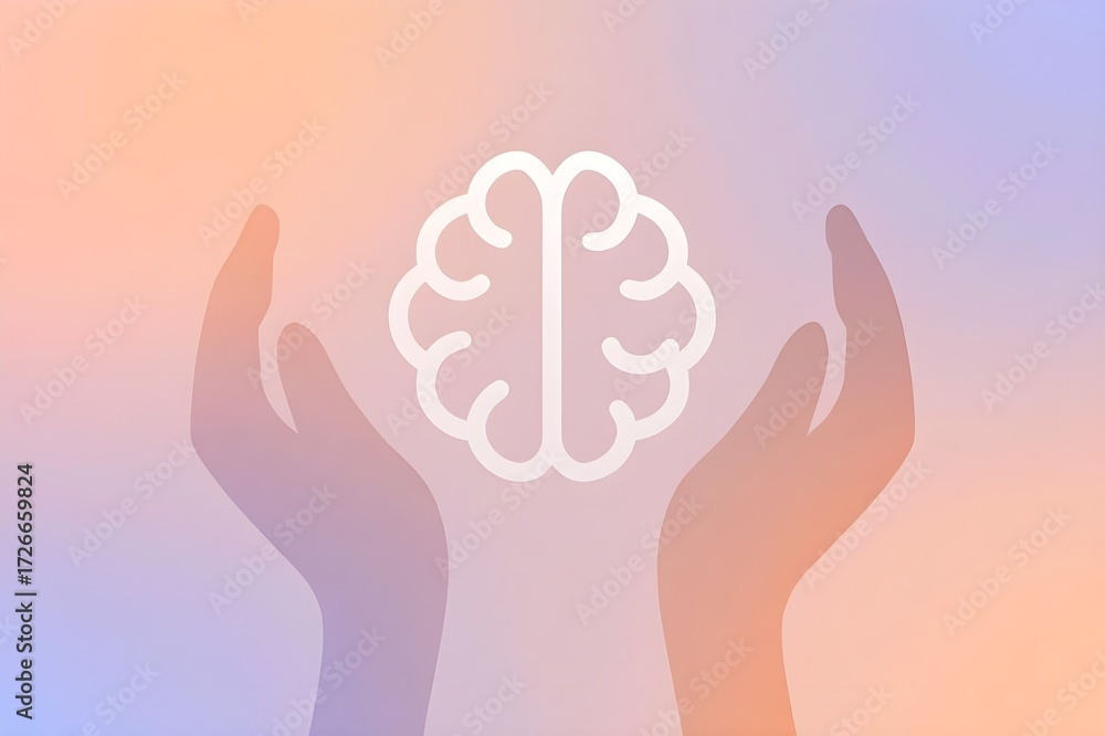 Obraz premium World Mental Health Day Awareness Visual – Brain Symbol, Caring Hands, Pastel Gradient Silhouette Concept