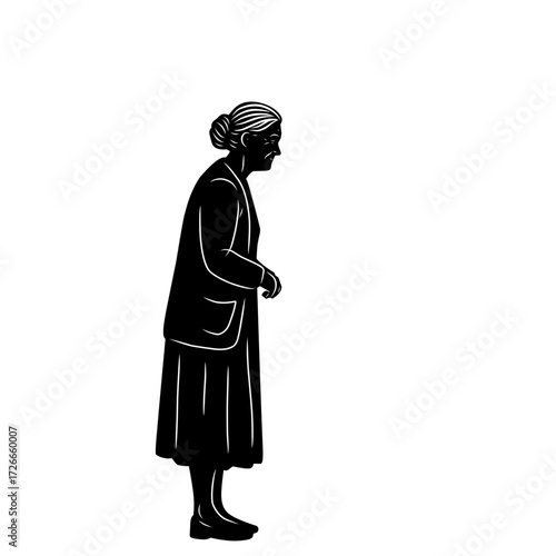 Black and white detailed outline of elderly woman, symbol of aging, retirement, healthcare, and fragile lifestyle. Perfect for social, medical, and family-related concepts