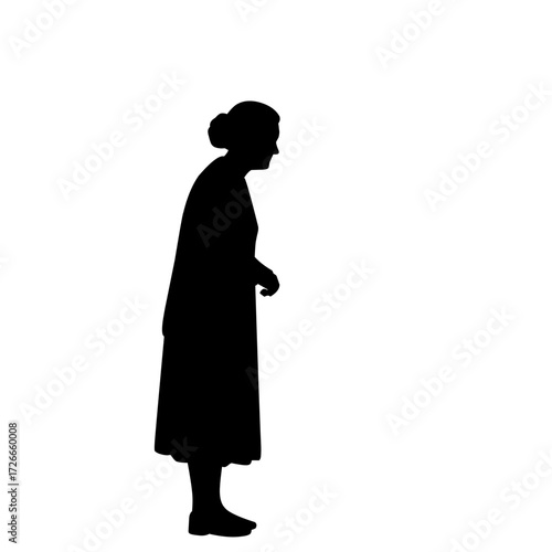 Silhouette of elderly woman standing, simple black shape representing aging, retirement, dependence, and social care. Ideal for healthcare and social design themes
