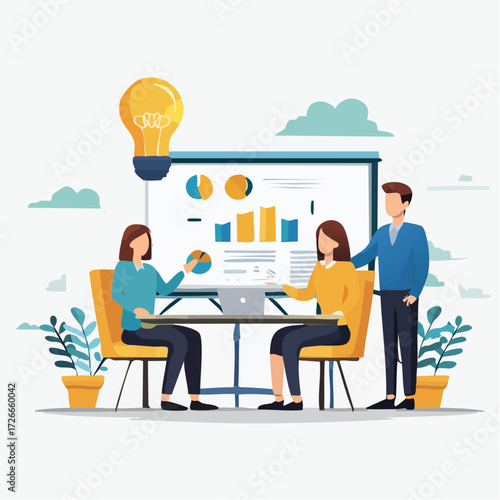 Modern flat vector illustration of a business team collaborating in a strategic meeting, brainstorming creative ideas symbolized by a glowing lightbulb