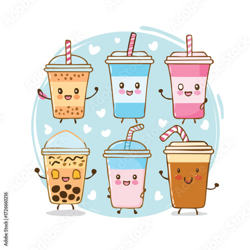 Adorable Boba Tea Drinks A Collection of Cute Kawaii Beverage Characters with Smiling Faces