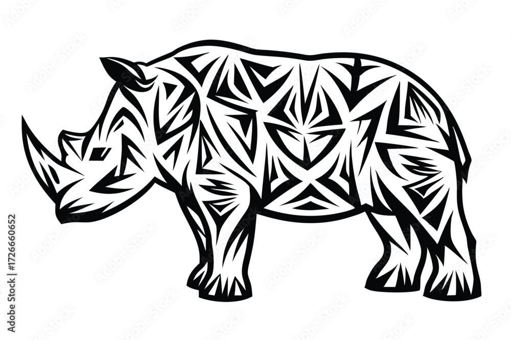 Obraz premium Striking rhino stands powerfully outlined with bold tribal pattern against the clear white backdrop