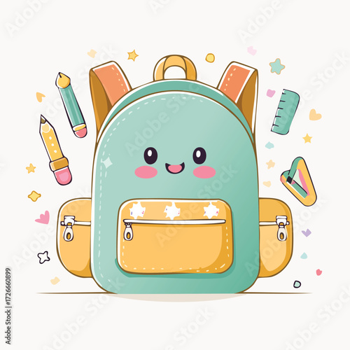 Cute Back-to-School Backpack Cartoon Illustration with School Supplies