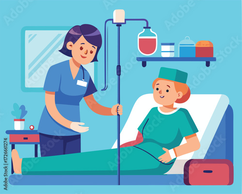 Nurse assisting patient in hospital bed