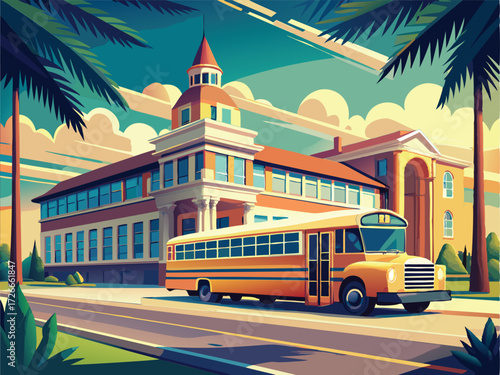 School building with yellow school bus