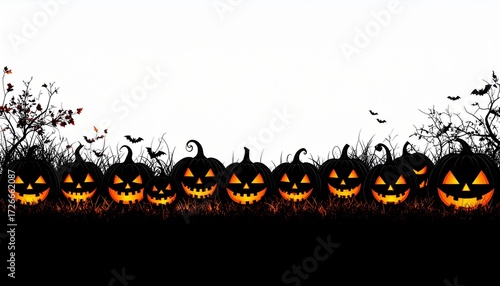 Solid black pumpkin silhouettes with warm orange and yellow inner glow, sitting on a dark base. Clean white background, perfect for Halloween designs, posters, and templates.