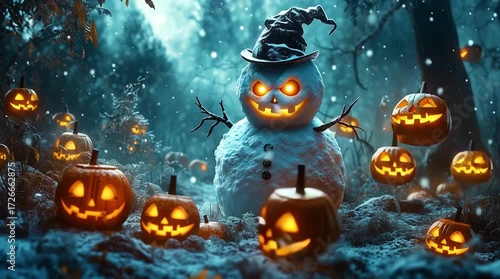 Angry evil snowman with glowing eyes surrounded by sinister pumpkins in a dark snowy forest. Perfect for eerie Halloween and spooky seasonal themes.