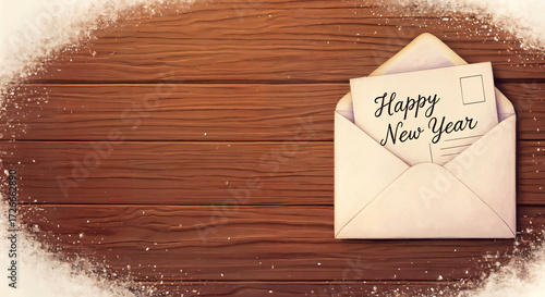New Year’s card for friends inside envelope on wooden background  