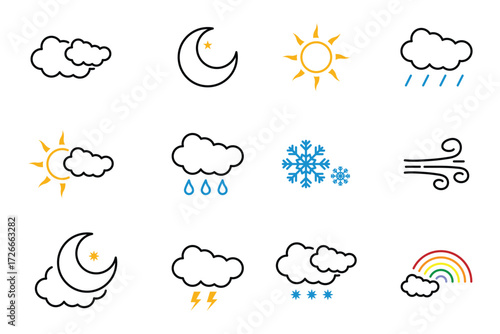 Weather Web Icons. Sunny, Cloudy, Rainy, Snowy, Temperature.  Clouds, wind, rain, sun, weather forecast, silhouette vector illustration. use for web, UI, and mobile apps. 