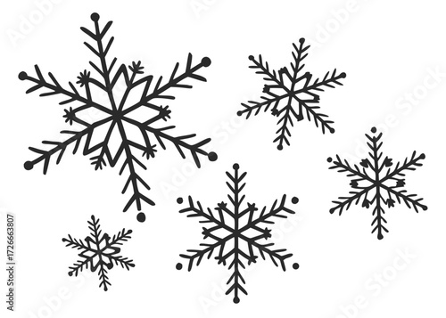 Five stylized snowflakes with varying sizes and designs scattered on a white background creating a winter scene created with generated ai