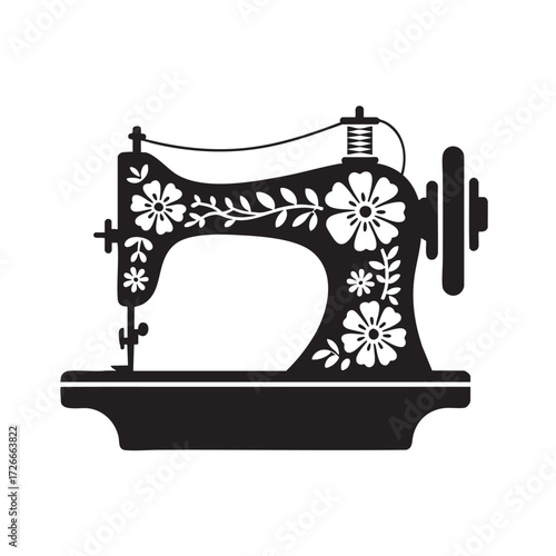 Black and white silhouette logo of vintage sewing machine isolated, floral decor silhouette