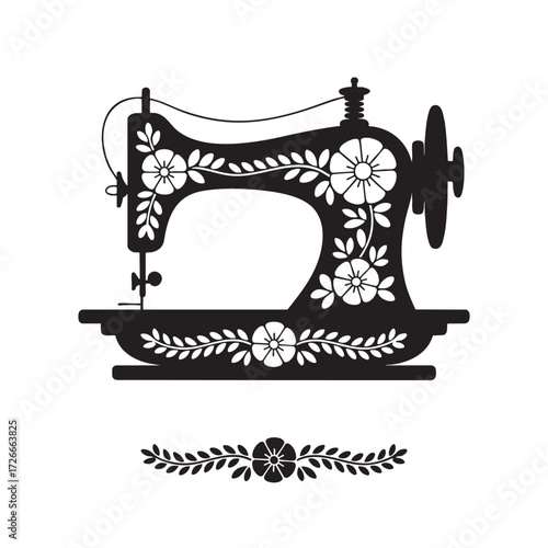 Black and white logo of sewing machine silhouette, vector design element