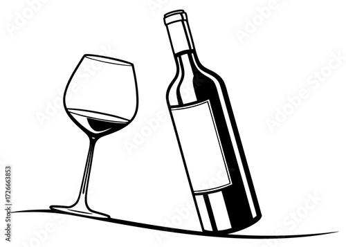 Illustration of a wine glass with wine and a bottle with a blank label in black and white style created with generated ai