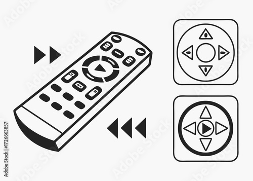 Illustration of a remote control with various buttons and directional pad icons in black and white created with generated ai