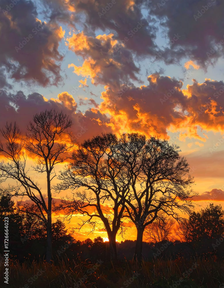 Fototapeta premium Dramatic Sunset with Silhouetted Trees.